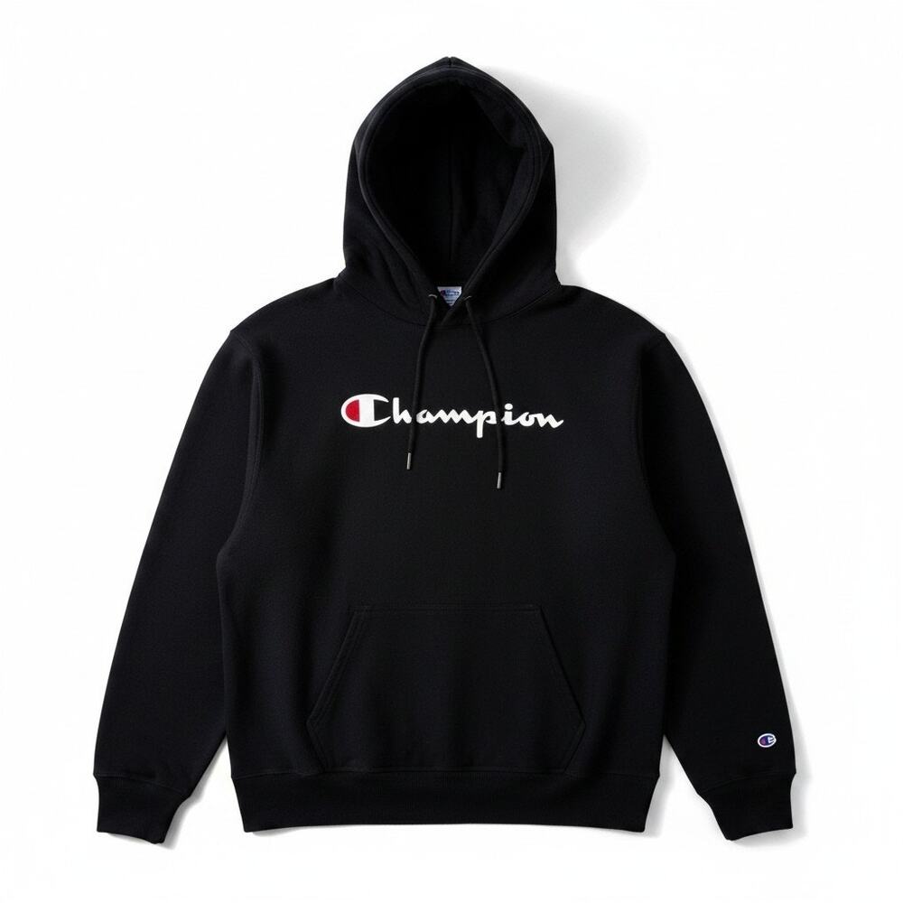Champion Mens Logo Pullover Hoodie Black Large Classic Minimalist Activewear